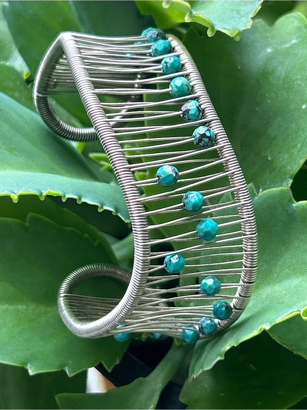 Vintage sterling silver handcrafted wire turquoise floating beads cuff bangle